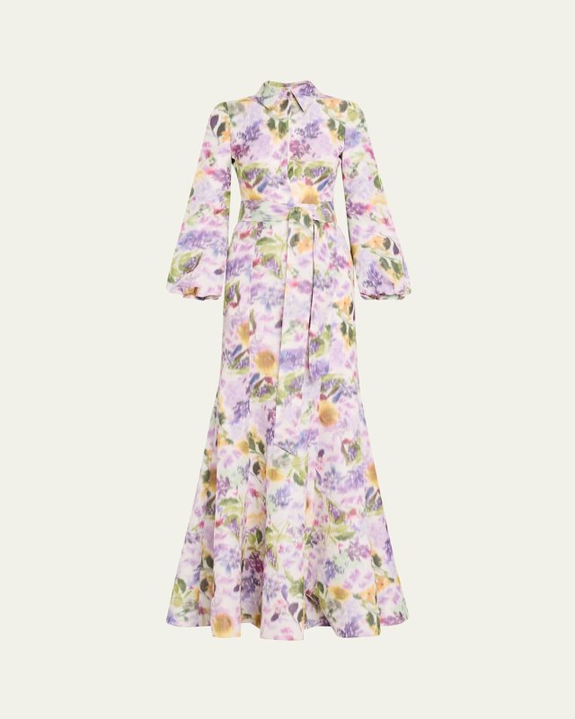 Floral-Print Taffeta Shirt Gown